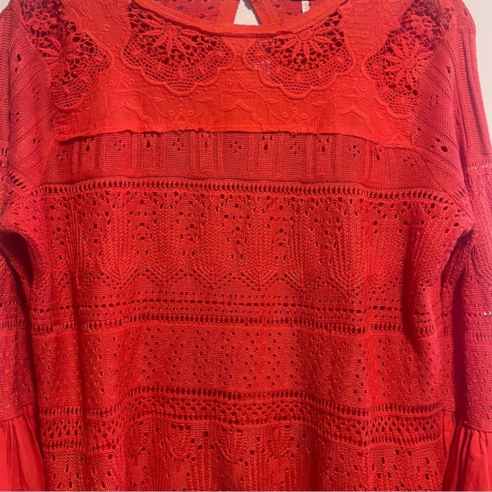 Free People Once Upon A Time Top – Red/Orange Lace Bell Sleeve Blouse - Picture 5 of 15